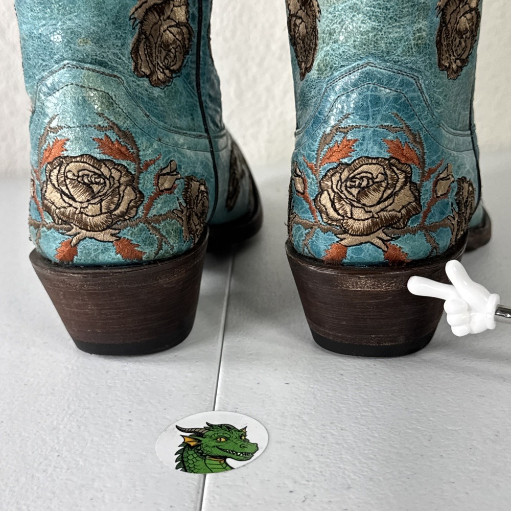 Lucchese Turquoise Cowboy Boots Womens 6 Distressed Embroidered Roses M5646 - Picture 14 of 16